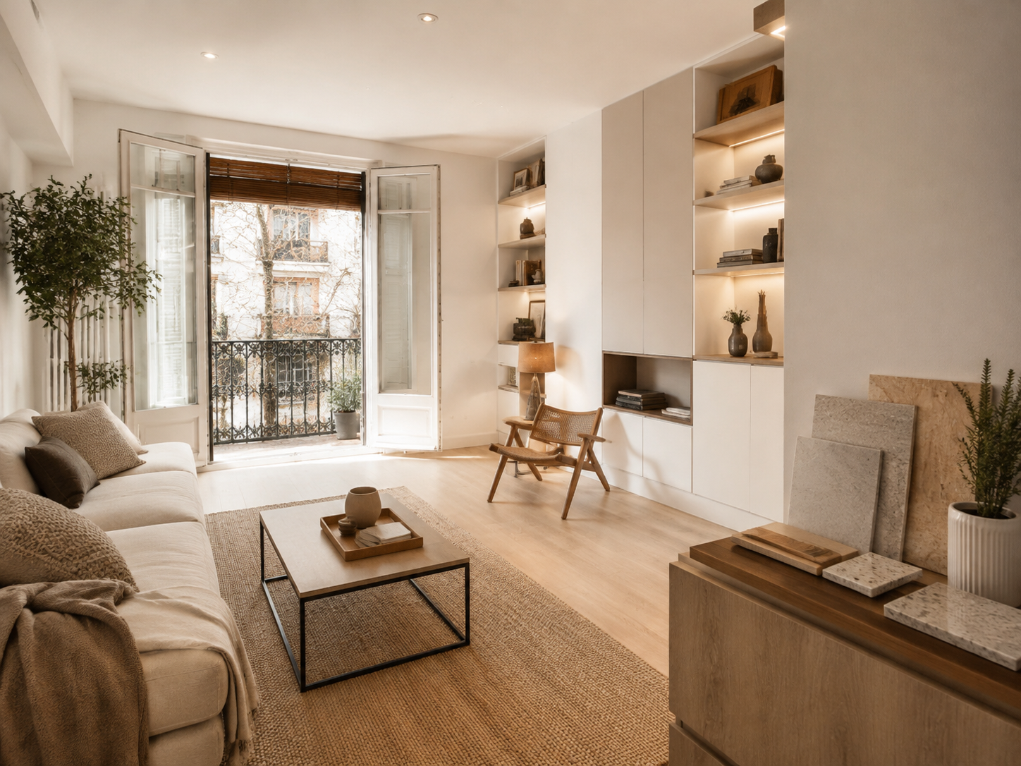 Salón reformado con muestras de materiales para una reforma integral